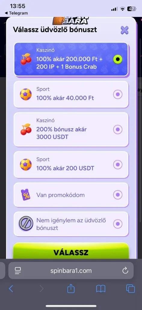 SpinBara mobil üdvözlő bónusz választó
