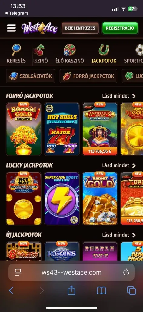 WestAce mobil jackpot szekció